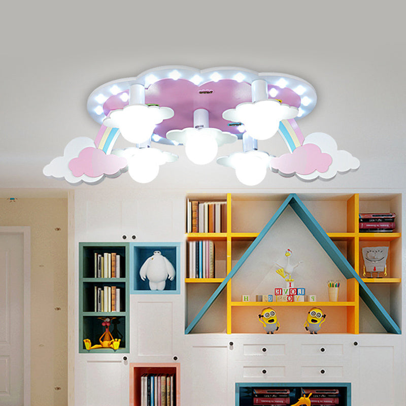 Regenboog Meisje Slaapkamer Plafond Lamp Hout 5-Licht Cartoon Flush Mount Fixture in Roze met Open Bulb Design