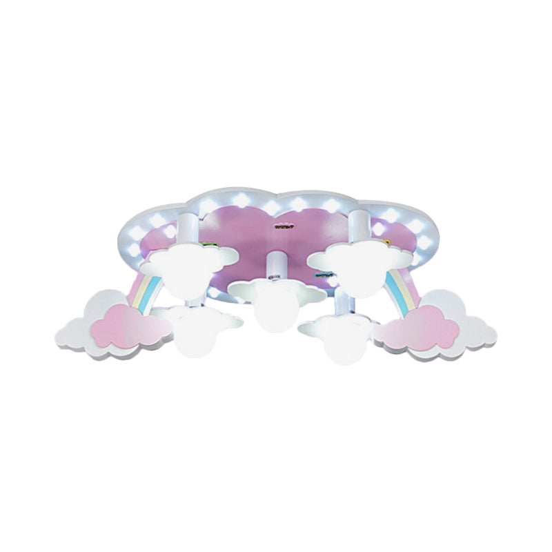 Regenboog Meisje Slaapkamer Plafond Lamp Hout 5-Licht Cartoon Flush Mount Fixture in Roze met Open Bulb Design