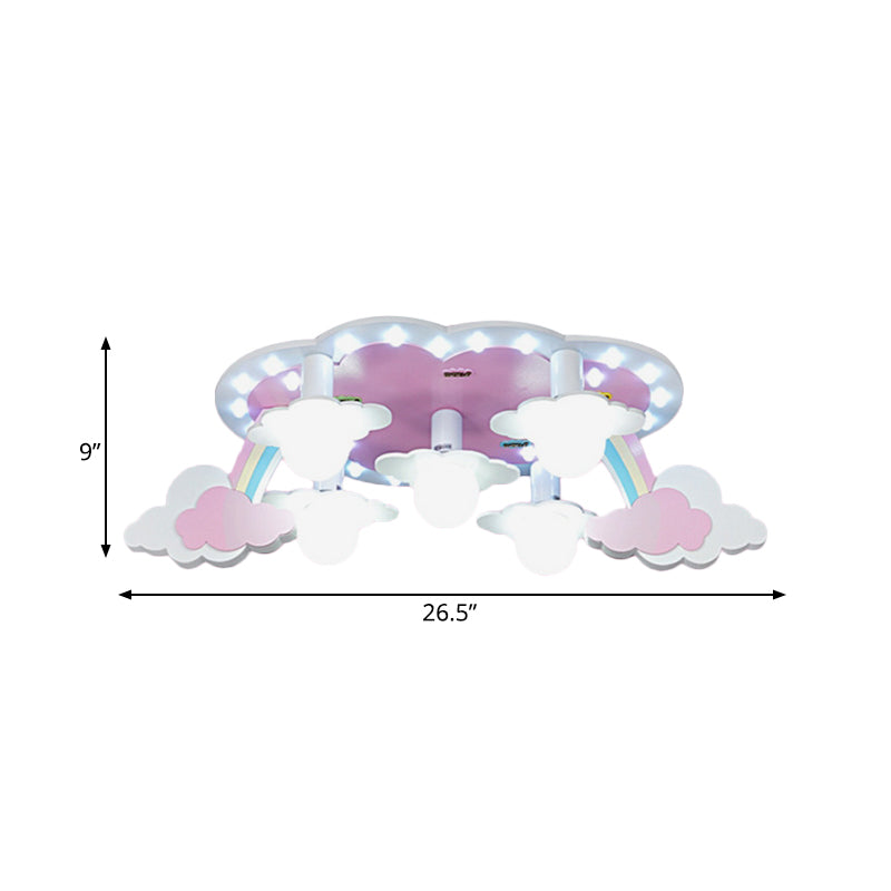 Regenboog Meisje Slaapkamer Plafond Lamp Hout 5-Licht Cartoon Flush Mount Fixture in Roze met Open Bulb Design