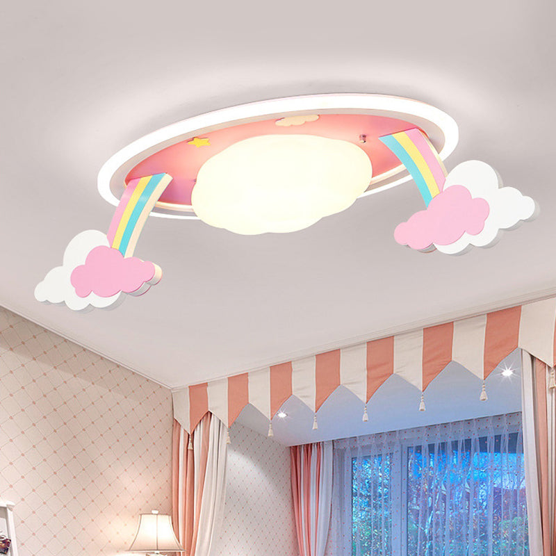 Cartoon LED Ceiling Lighting Pink Rainbow Design Oval Flush Mount Lamp with Acrylic Shade