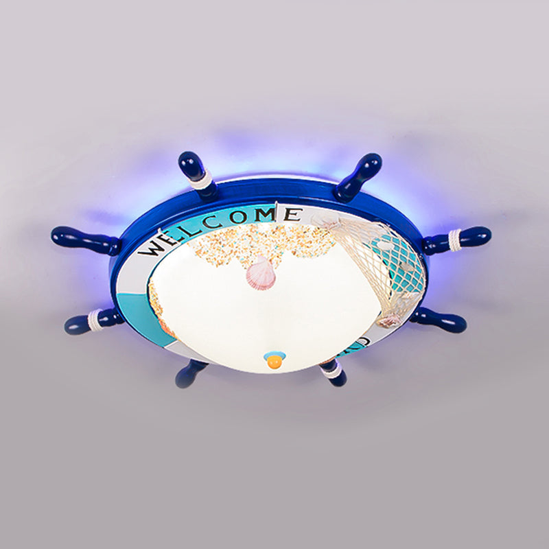 Wood Ship Rudder Flush Mount Mediterranean Blue/Light-Blue LED Ceiling Light with Dome Matte Glass Shade and Marine Element