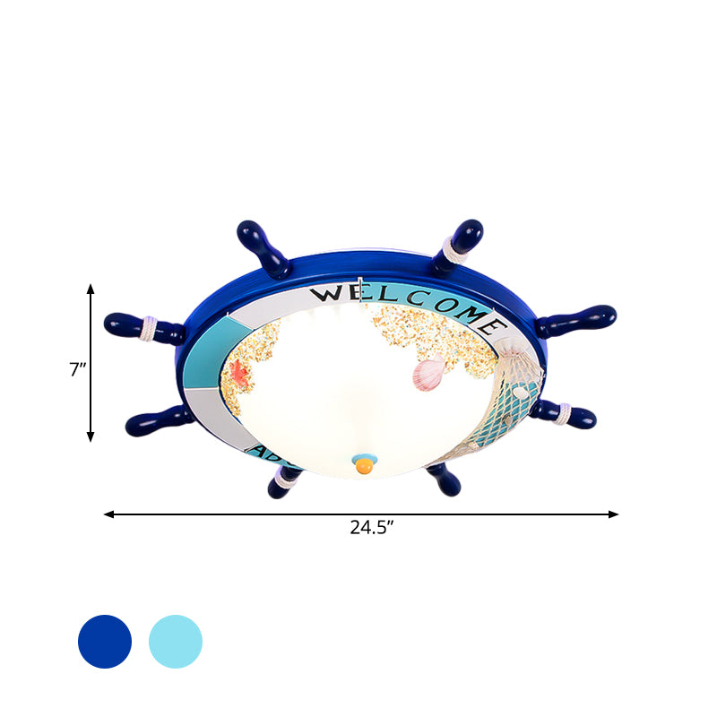 Wood Ship Rudder Flush Mount Mediterranean Blue/Light-Blue LED Ceiling Light with Dome Matte Glass Shade and Marine Element