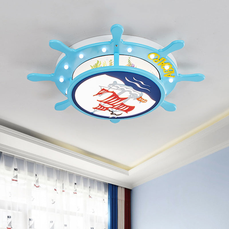 Light Blue Rudder Drum Flush Mount Light Coastal Wooden LED Ceiling Fixture with Sail Ship/Anchor Pattern