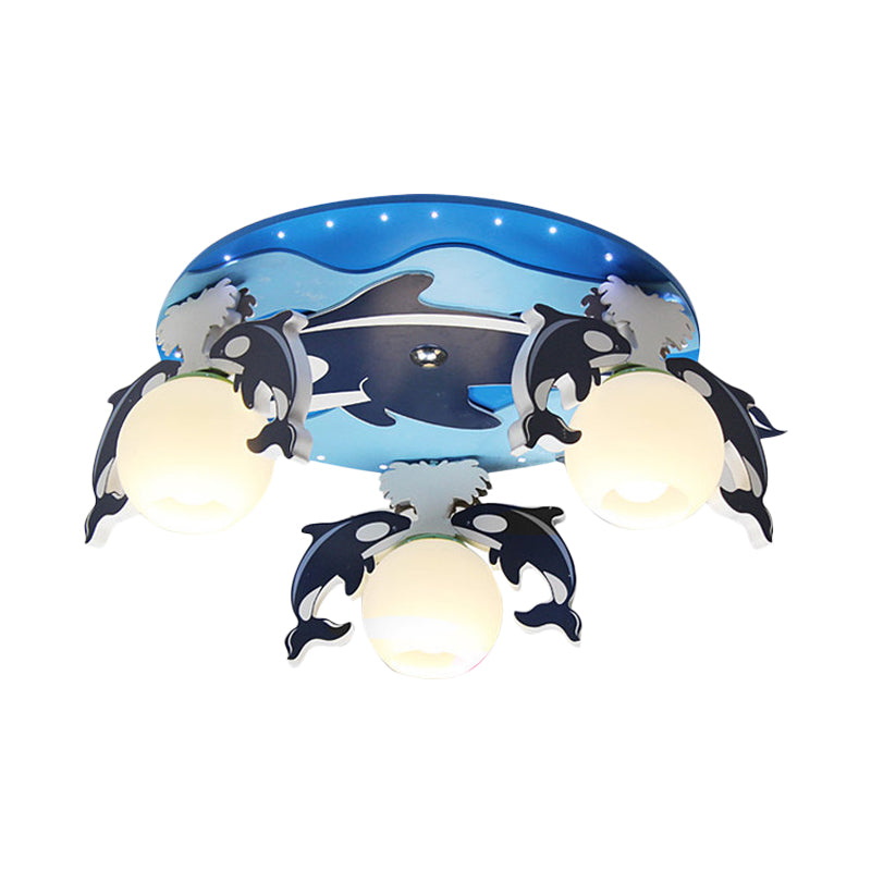 Kids Dolphin Wood Flush Light Fixture 3 Heads Close to Ceiling Lamp in Blue with Dome Milk Glass Shade