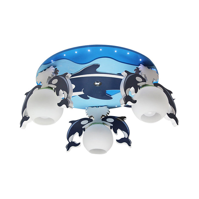 Kids Dolphin Wood Flush Light Fixture 3 Heads Close to Ceiling Lamp in Blue with Dome Milk Glass Shade