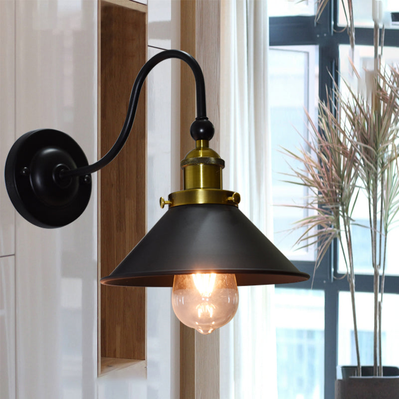 Black One Light Sconce Light Industrial Metal Cone Wall Lighting Fixture for Corridor