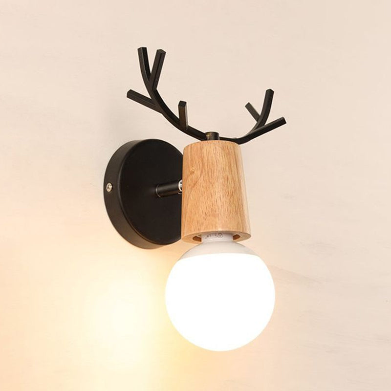 1 Light Bare Bulb Sconce Lamp Modern Style Black/White Finish Metal and Wood Wall Lighting with Deer Horn