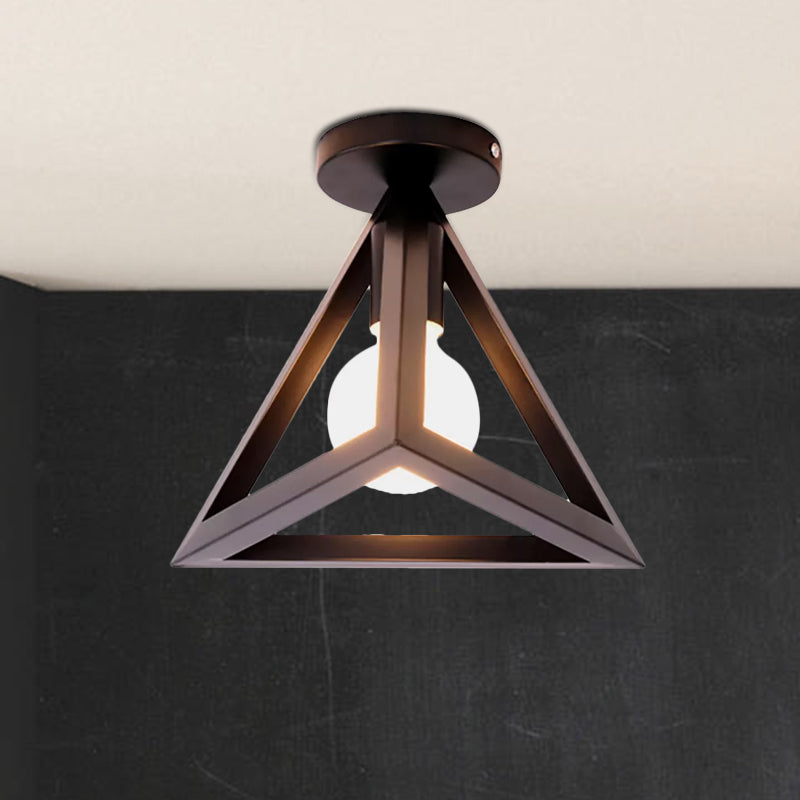 Lámpara de techo semi empotrada de jaula de alambre industrial retro con pantalla triangular Lámpara de techo de metal de 1 cabezal en negro/gris/blanco