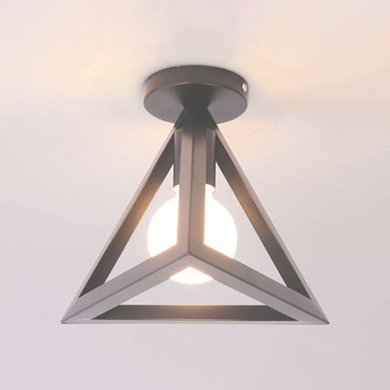 Lámpara de techo semi empotrada de jaula de alambre industrial retro con pantalla triangular Lámpara de techo de metal de 1 cabezal en negro/gris/blanco