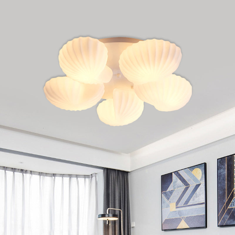 White Glass Scallop Shell Flush Light Nautical 3/5-Light Flush Mount Ceiling Lighting for Living Room