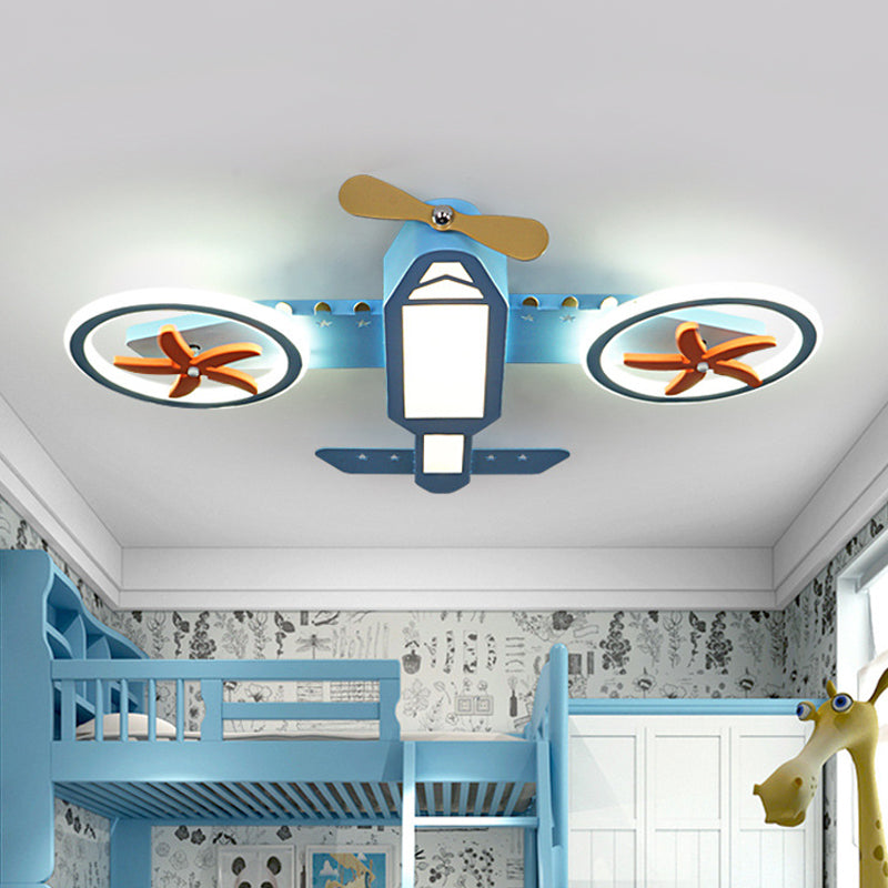 Blue Jet Plane Ceiling Lighting Kids Style Metallic LED Flush Mount Lamp with Spinnable Wing