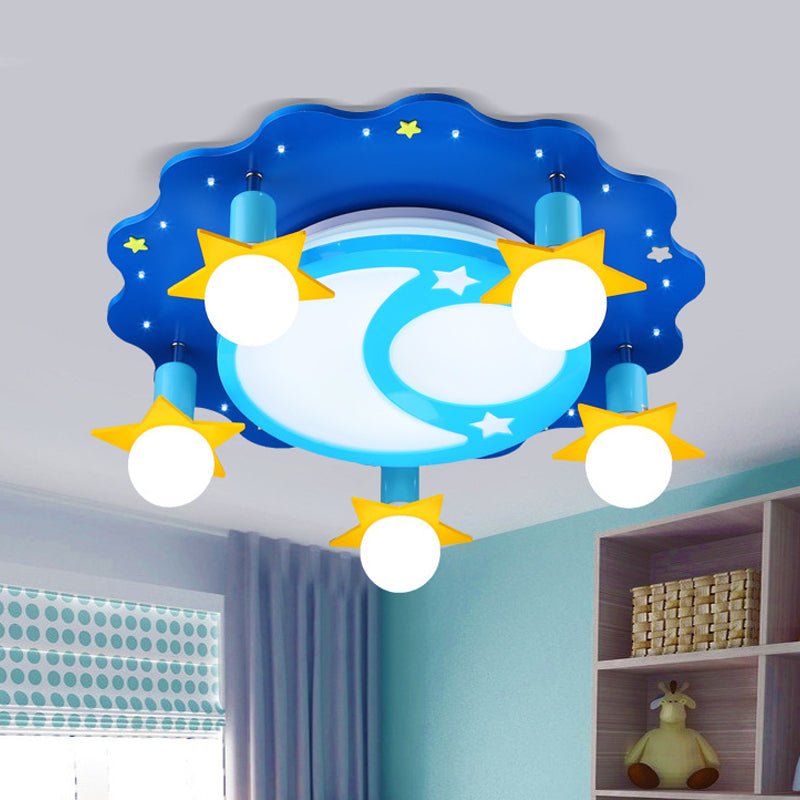 Crescent and Starry Sky Ceiling Flush Cartoon Opal Glass 5 Bulbs Nursery School Flush Mount Lighting in Blue