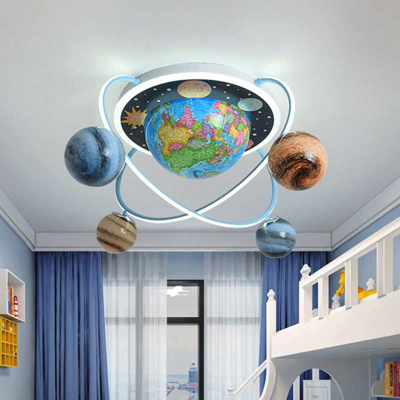 Kids Planet Orbit Flushmount Blue Stained Glass 4 Heads Children Bedroom Ceiling Mount Light