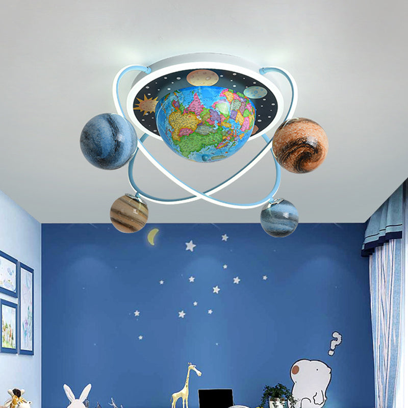 Kids Planet Orbit Flushmount Blue Stained Glass 4 Heads Children Bedroom Ceiling Mount Light