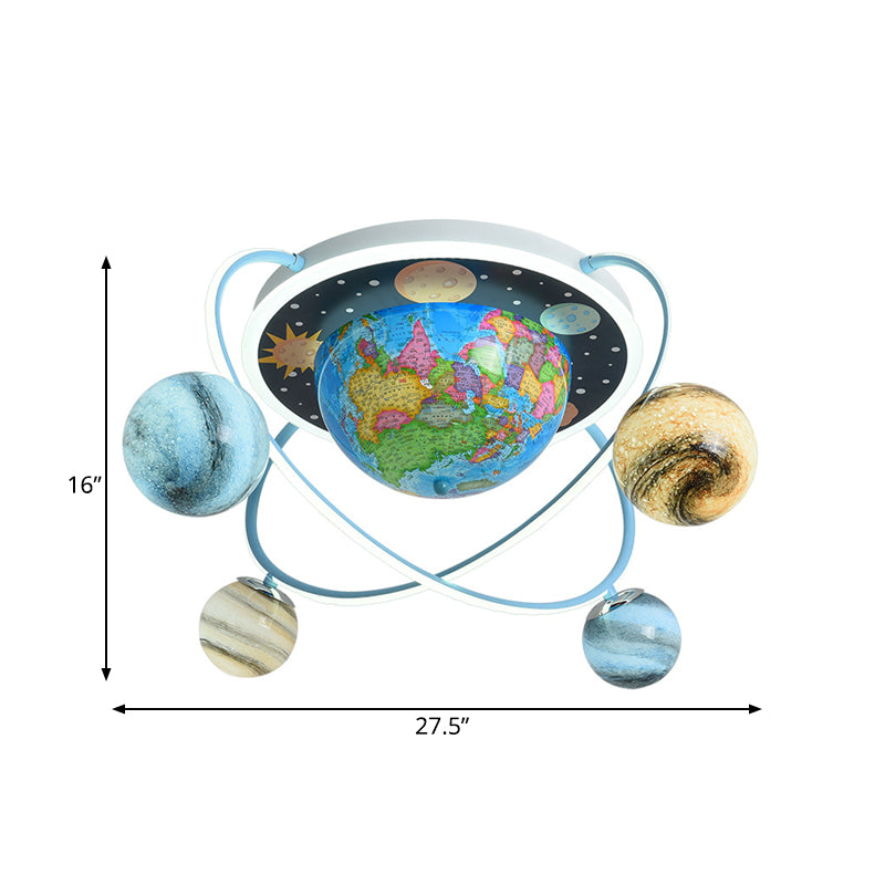 Kids Planet Orbit Flushmount Blue Stained Glass 4 Heads Children Bedroom Ceiling Mount Light