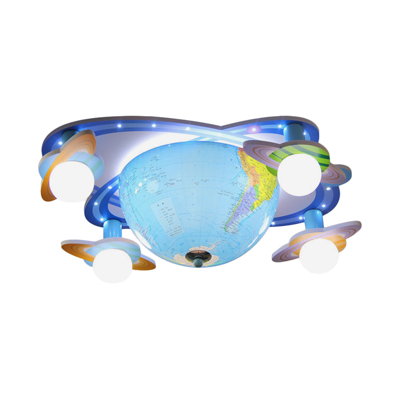 Rotatable Earth Orbit Flush Ceiling Light Kids Acrylic 4 Bulbs Blue Flush Mount Fixture in White/3 Color Light