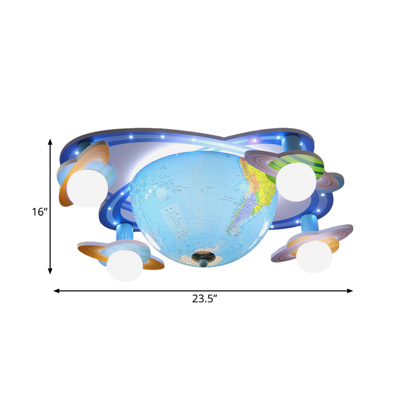 Rotatable Earth Orbit Flush Ceiling Light Kids Acrylic 4 Bulbs Blue Flush Mount Fixture in White/3 Color Light