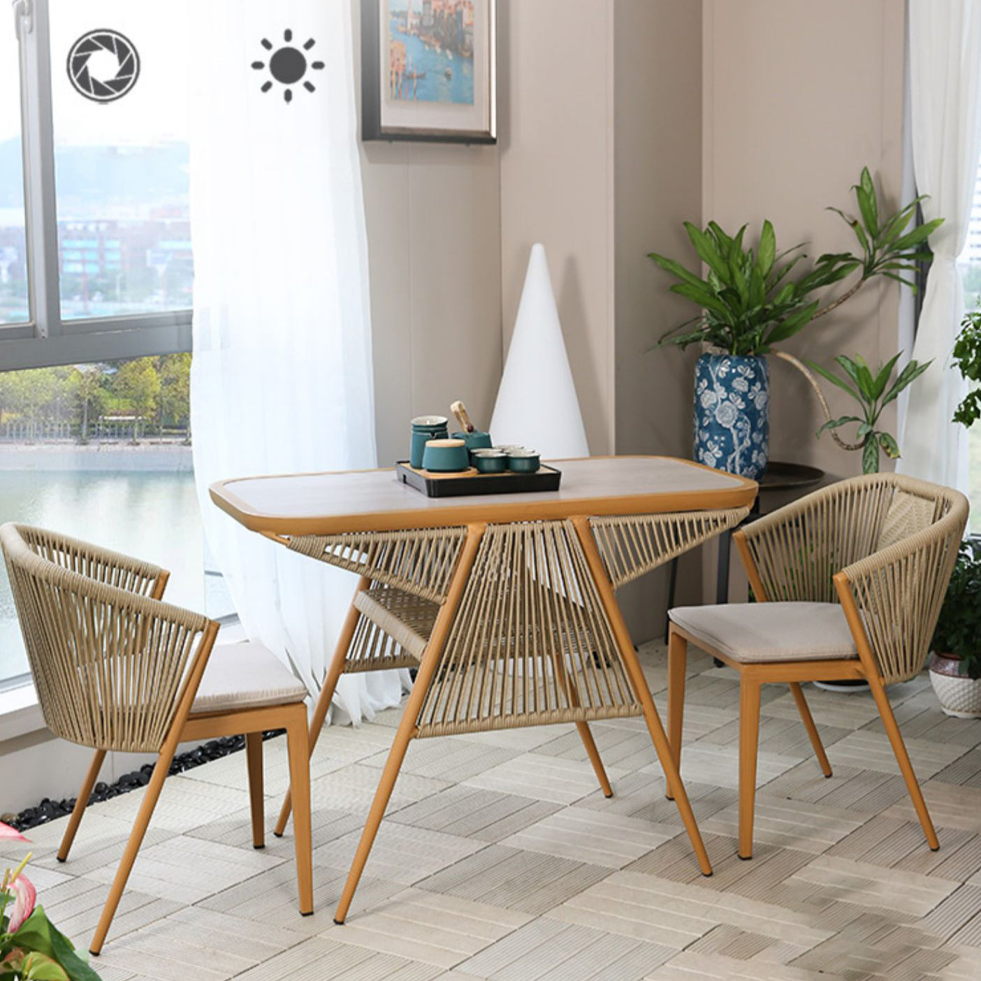 Modern Stone Chat Table Outdoor Water Resistant Patio Table with with Aluminum Legs