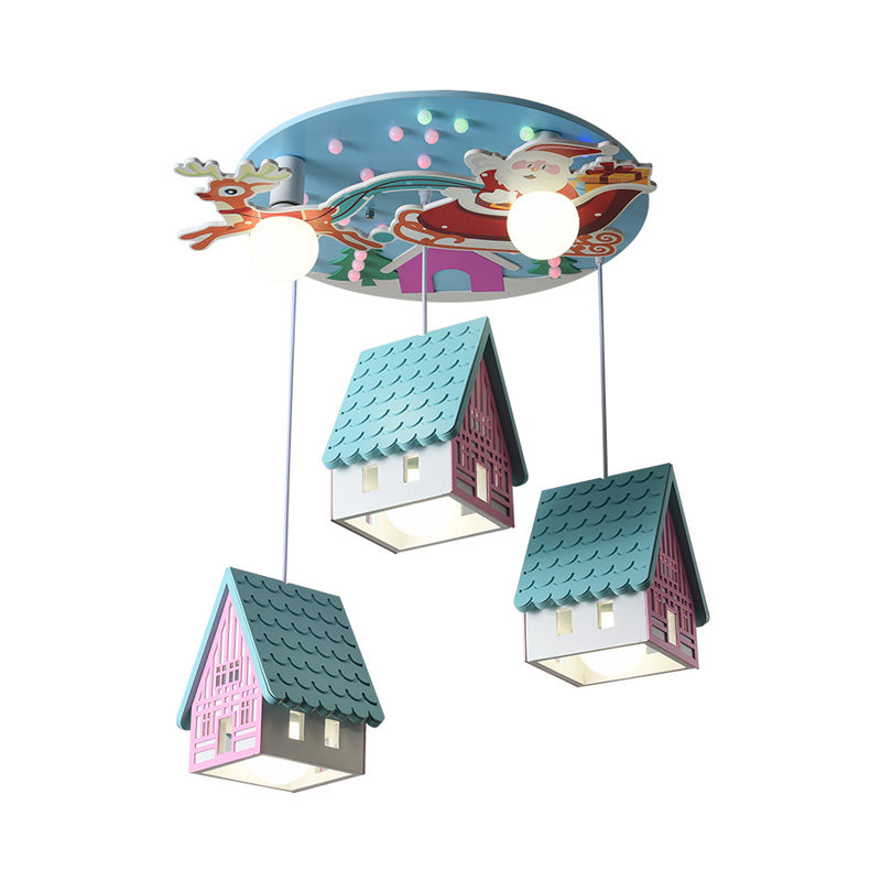 Blue Tile-Roof House Cluster Pendant Cartoon 5 Lights Wood Hanging Light Fixture for Kids Bedroom