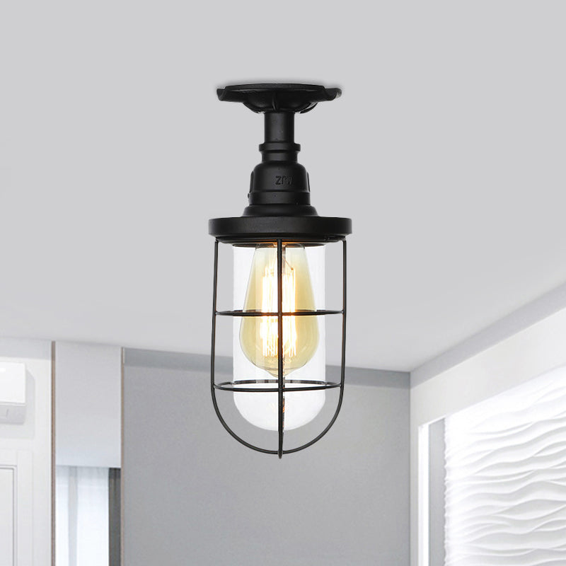 1-Head Caged Semi Flushmount Antiqued Black Iron Flush Ceiling Lamp with Clear Glass Shade