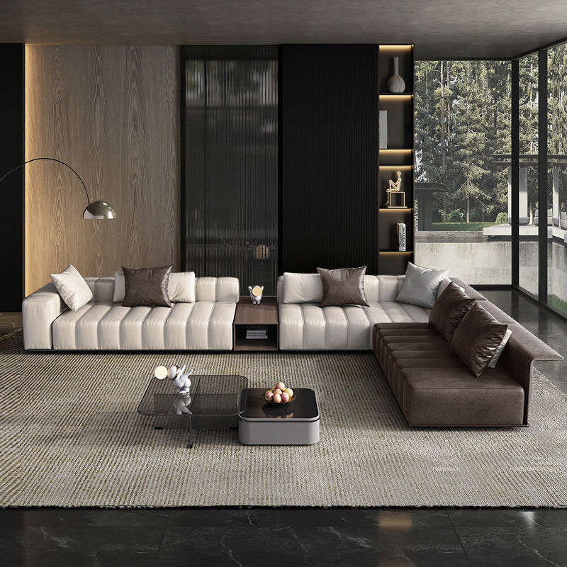 Mid Century Genuine Leather Sectional Sofa 24" H Square Arm Sofa with Storage