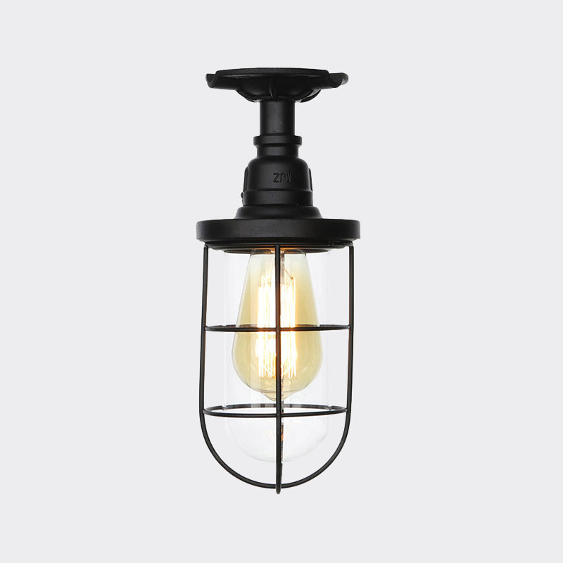1-Head Caged Semi Flushmount Antiqued Black Iron Flush Ceiling Lamp with Clear Glass Shade