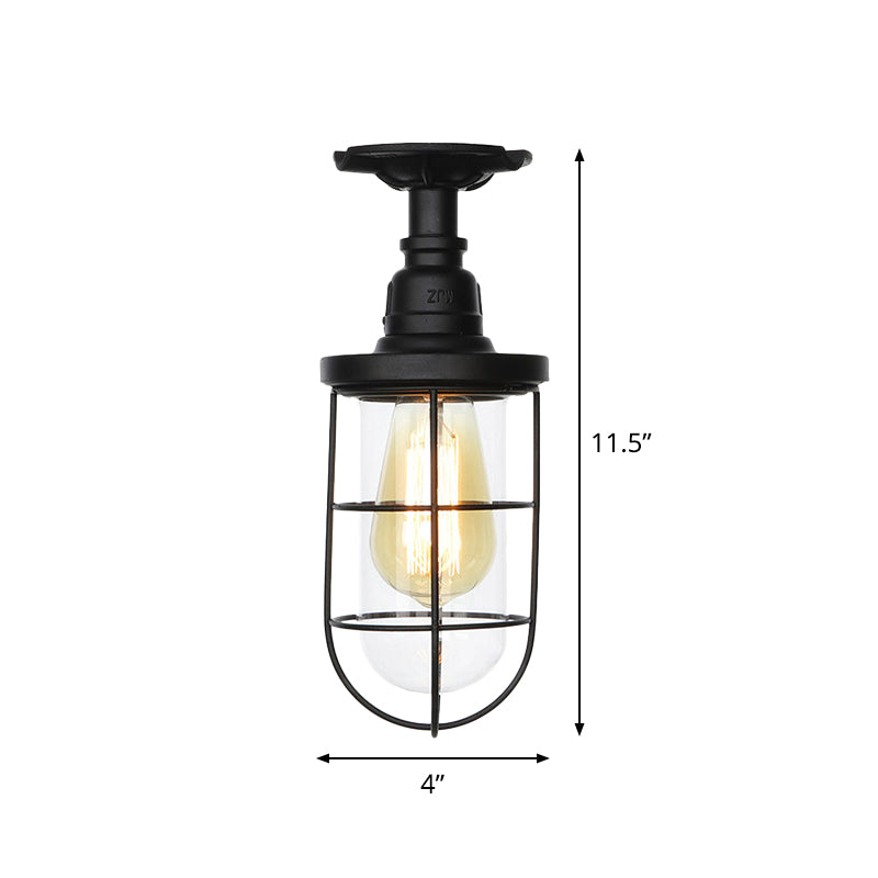 1-Head Caged Semi Flushmount Antiqued Black Iron Flush Ceiling Lamp with Clear Glass Shade