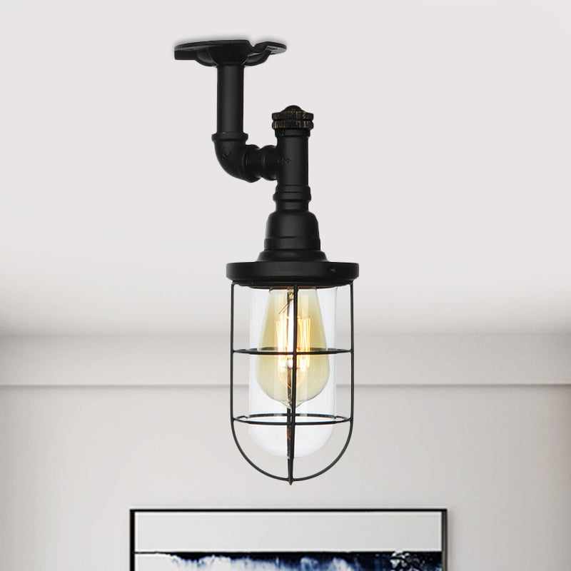 1-Head Caged Semi Flushmount Antiqued Black Iron Flush Ceiling Lamp with Clear Glass Shade