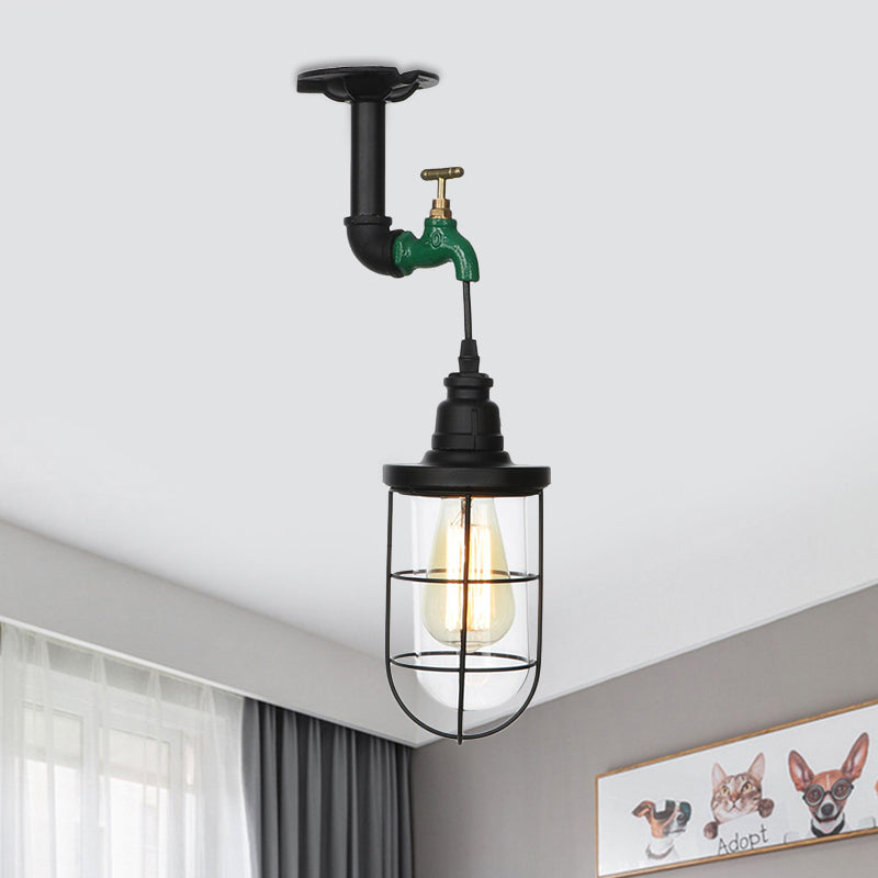 1-Head Caged Semi Flushmount Antiqued Black Iron Flush Ceiling Lamp with Clear Glass Shade