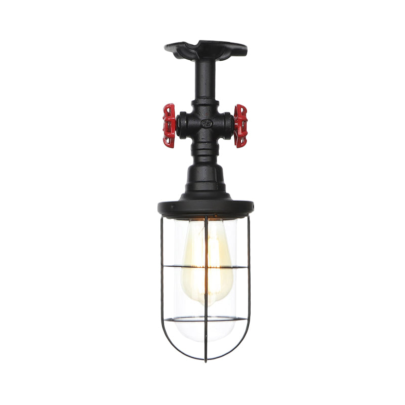 1-Bulb Clear Glass Semi Flush Mount Industrial Black Cage Balcony Ceiling Flush with Valve Deco