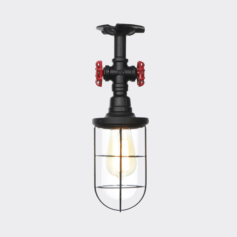 1-Bulb Clear Glass Semi Flush Mount Industrial Black Cage Balcony Ceiling Flush with Valve Deco