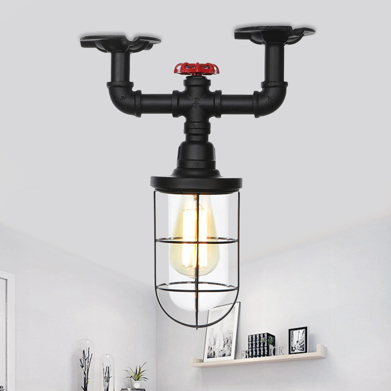 1-Bulb Clear Glass Semi Flush Mount Industrial Black Cage Balcony Ceiling Flush with Valve Deco