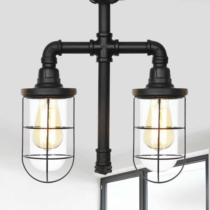 Clear Glass Black Semi Flush Lighting Caged 2 Heads Vintage Flush Mount Ceiling Lamp
