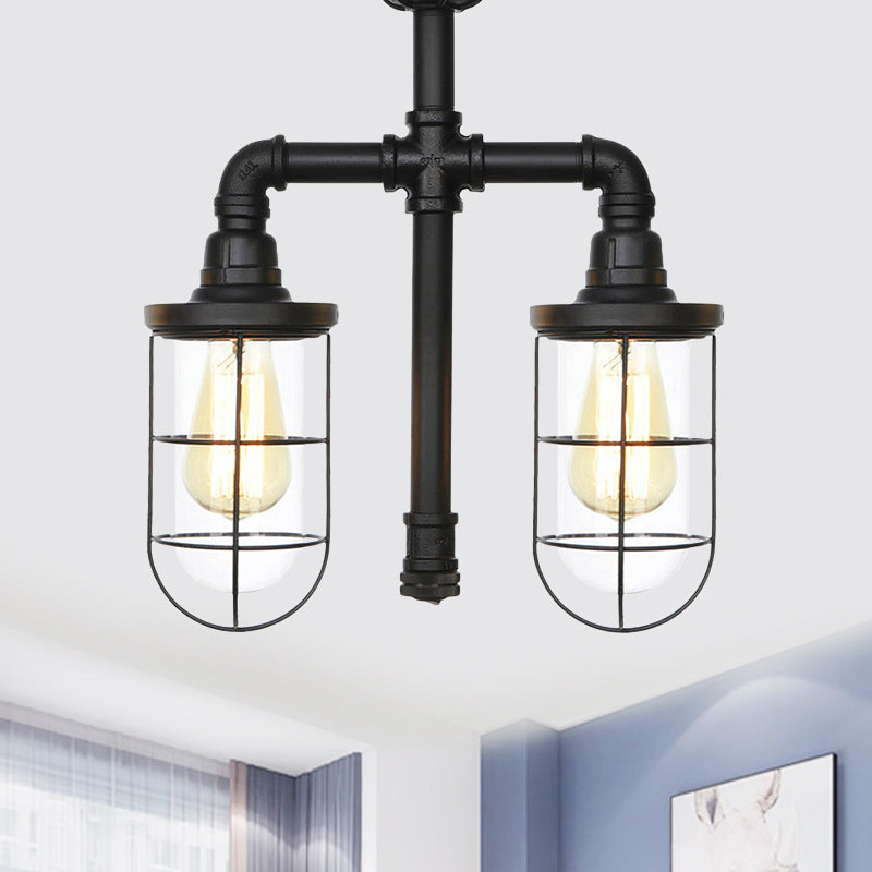 Clear Glass Black Semi Flush Lighting Caged 2 Heads Vintage Flush Mount Ceiling Lamp