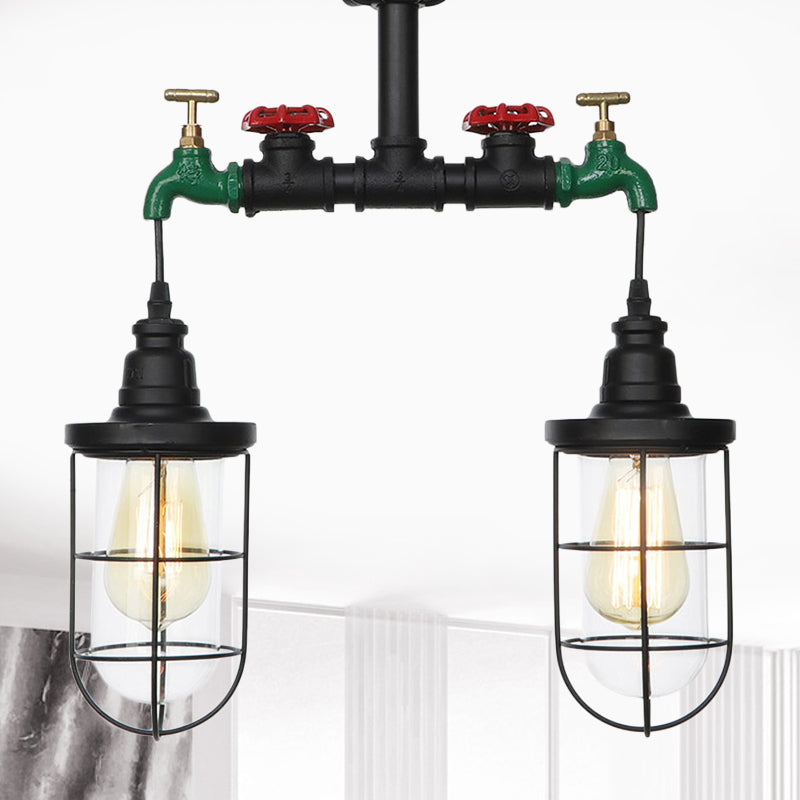 Clear Glass Black Semi Flush Lighting Caged 2 Heads Vintage Flush Mount Ceiling Lamp
