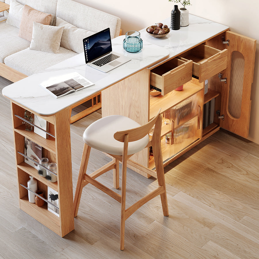 Stone Top Bar Table with Wooden Storage Rectangle Bistro Table for Small Places