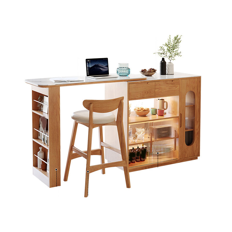 Stone Top Bar Table with Wooden Storage Rectangle Bistro Table for Small Places