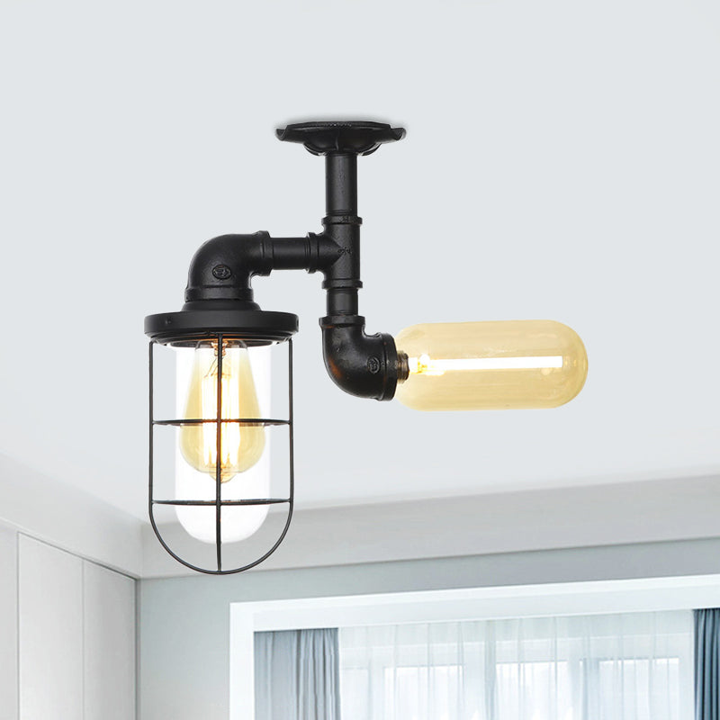 Lámpara montada en techo de pasillo de 2 luces vintage semi empotrada con orbe/cápsula de vidrio transparente en negro con jaula