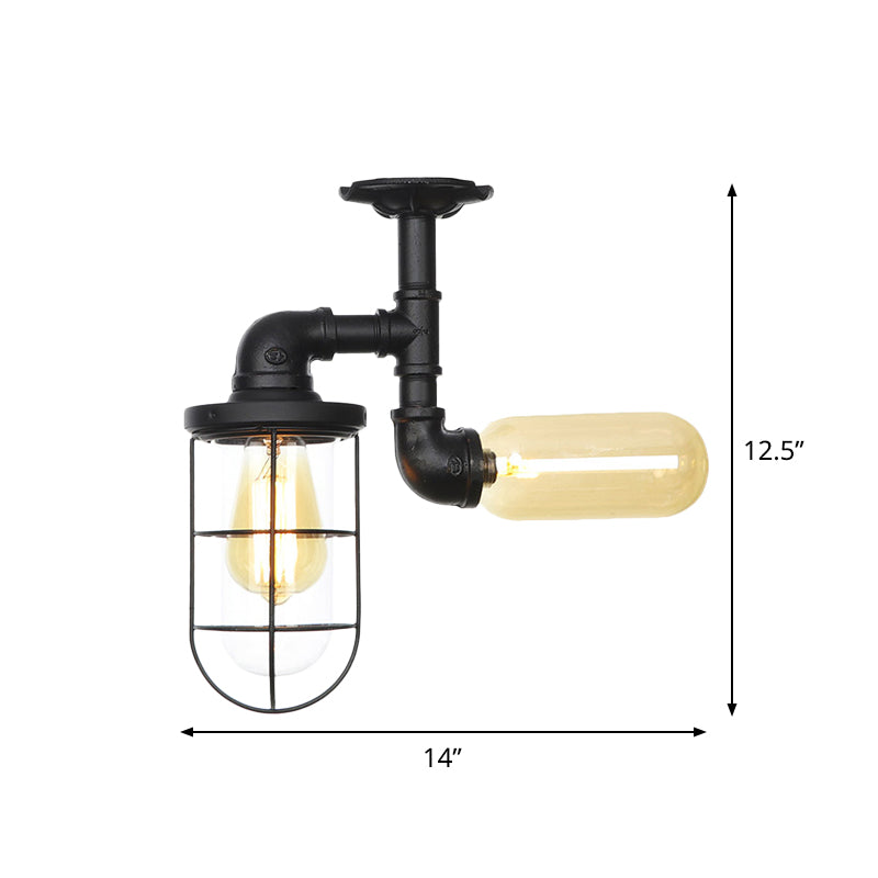 Lámpara montada en techo de pasillo de 2 luces vintage semi empotrada con orbe/cápsula de vidrio transparente en negro con jaula