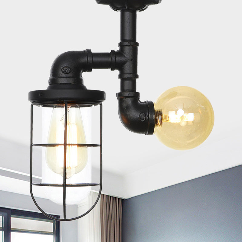 Lámpara montada en techo de pasillo de 2 luces vintage semi empotrada con orbe/cápsula de vidrio transparente en negro con jaula