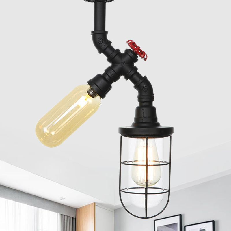 Lámpara montada en techo de pasillo de 2 luces vintage semi empotrada con orbe/cápsula de vidrio transparente en negro con jaula