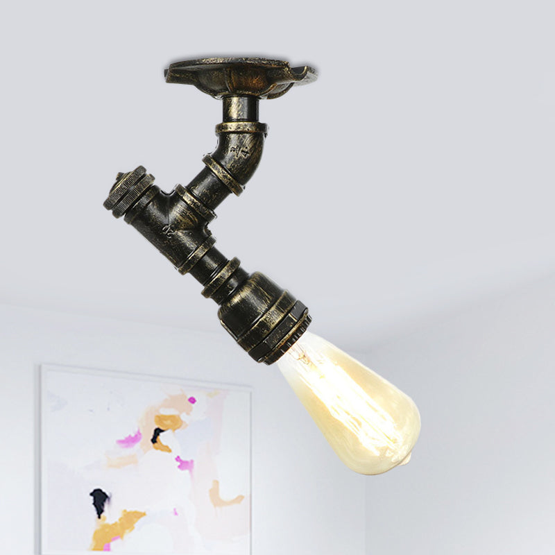 1-Head Semi Mount Lighting Antiqued Exposed Bulb Metal Flush Ceiling Lamp in Bronze