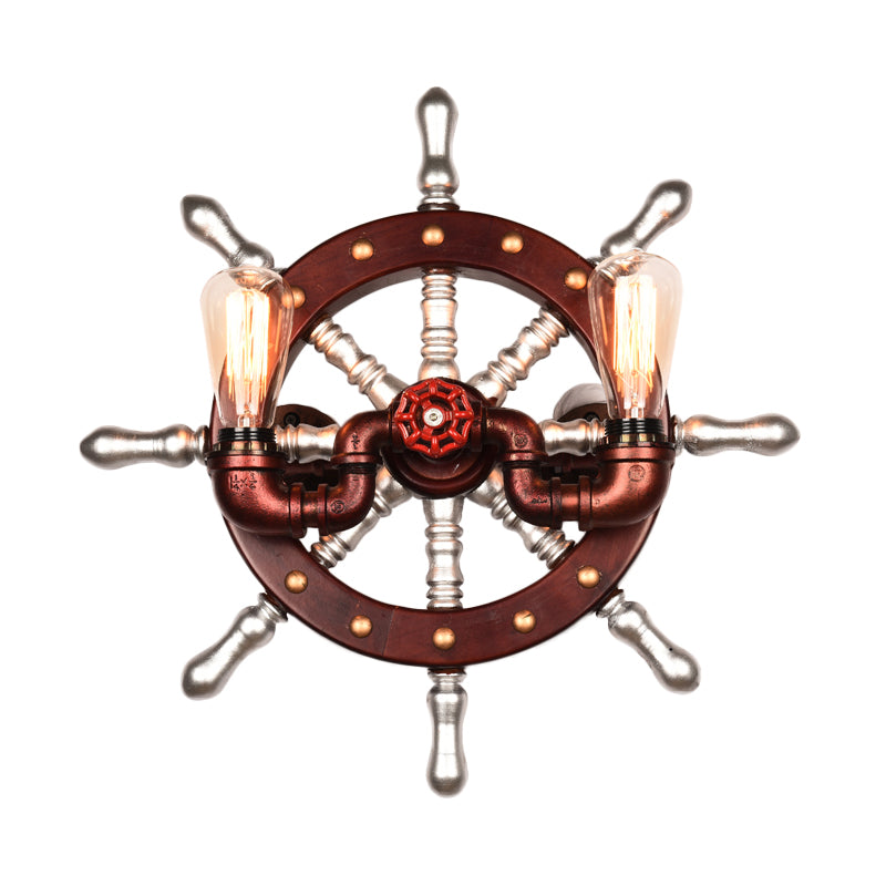 Metal Rudder Wall Light Sconce Vintage 2 Lights Bedroom Wall Mount Lamp Fixture in Copper