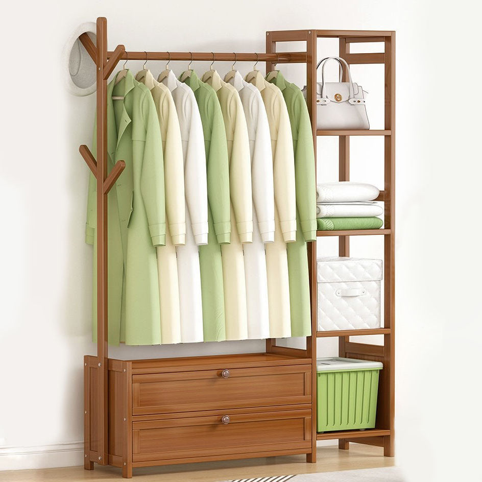 Contemporary Style Wardrobe Armoire Bamboo Armoire with Clothes Rail for Home