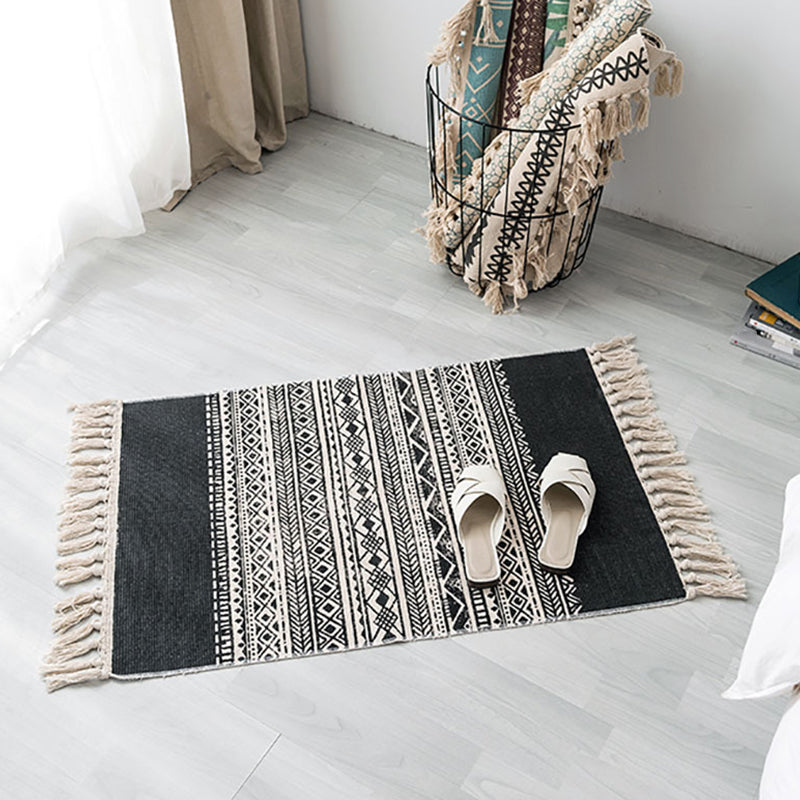 Contemporary Carpet Geometric Print Cotton Linen Area Carpet Rectangle Bedroom Tassel Rug