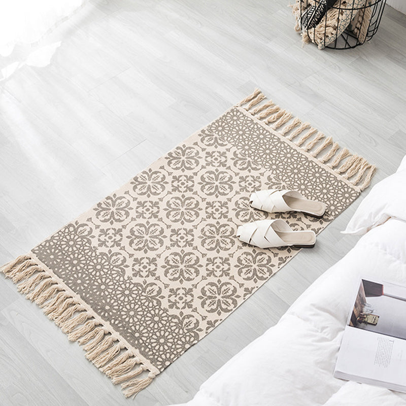 Contemporary Carpet Geometric Print Cotton Linen Area Carpet Rectangle Bedroom Tassel Rug