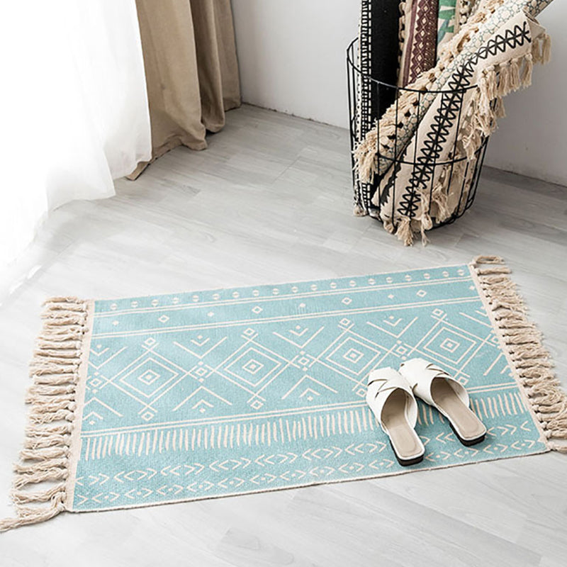 Contemporary Carpet Geometric Print Cotton Linen Area Carpet Rectangle Bedroom Tassel Rug