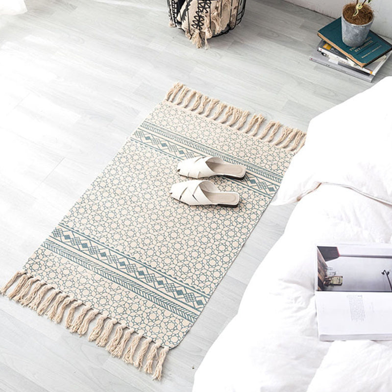 Contemporary Carpet Geometric Print Cotton Linen Area Carpet Rectangle Bedroom Tassel Rug