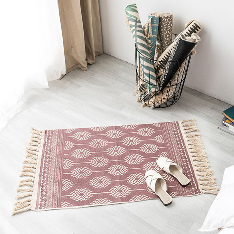 Contemporary Carpet Geometric Print Cotton Linen Area Carpet Rectangle Bedroom Tassel Rug