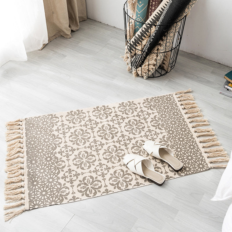 Contemporary Carpet Geometric Print Cotton Linen Area Carpet Rectangle Bedroom Tassel Rug